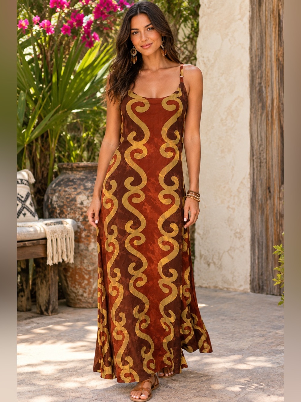 Sari Nadi Boho Batik Maxi Dress 100% Cotton Rust Brown Preloved A34